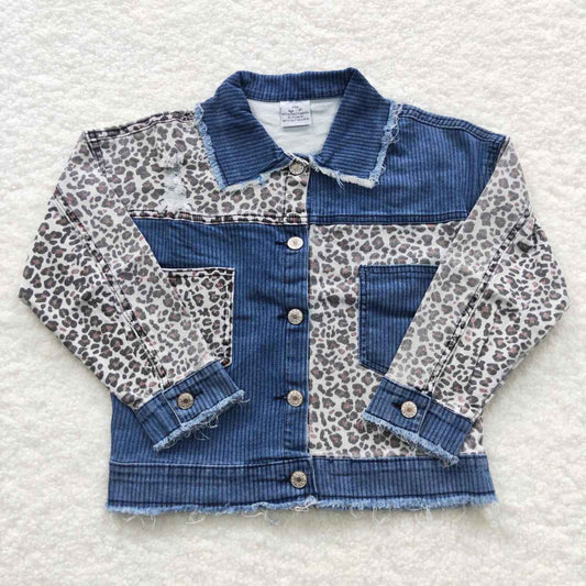 Kids girl denim leopard pocket ripped with pocket jacket GT0203