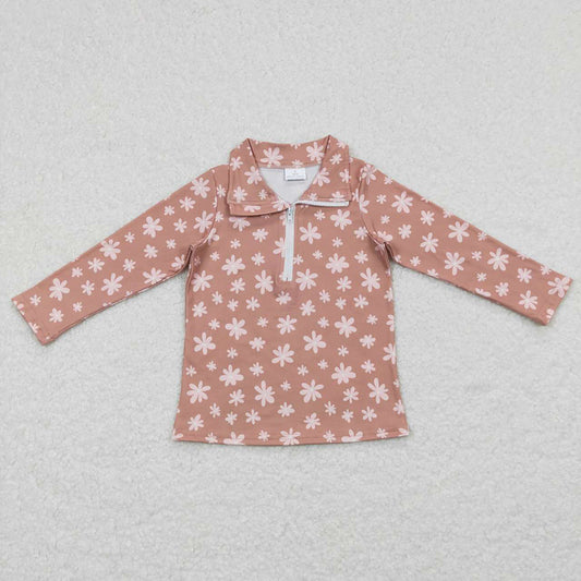 GT0363 baby girl clothes brown pink flowers top girl pullovers