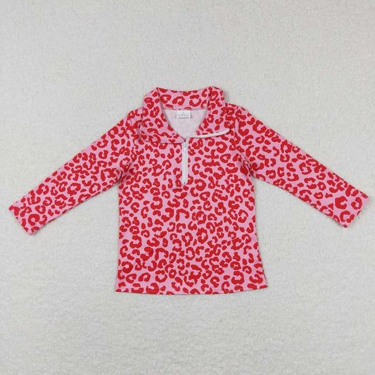 GT0414 baby girl  pink leopard print zipper long sleeve top