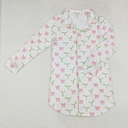 GT0661 Adult Women Pink Bows Holly Checked Button Christmas Sleep Wear Shirts