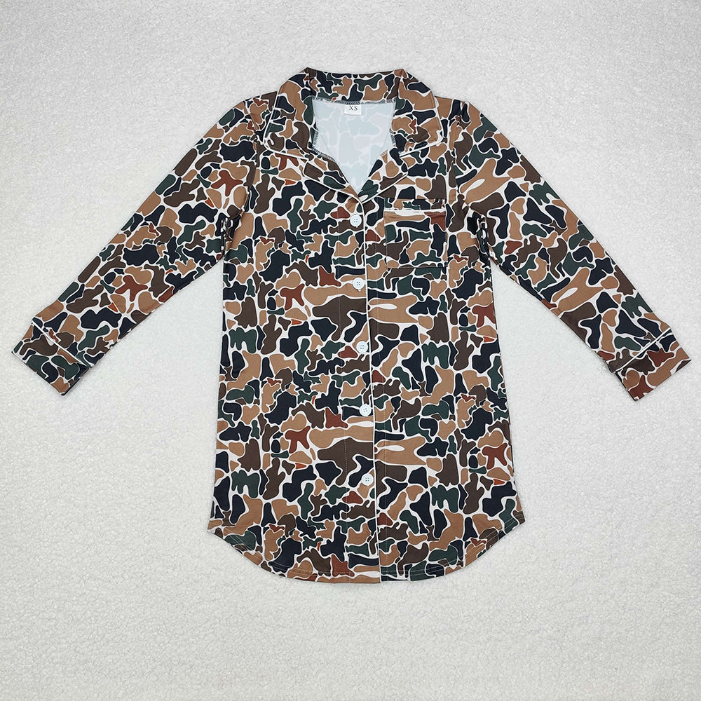 GT0695 Adult Women Dark Brown Camo Button Southern Sleep Wear Shirts