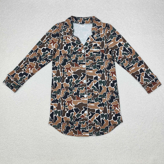 GT0695 Adult Women Dark Brown Camo Button Southern Sleep Wear Shirts