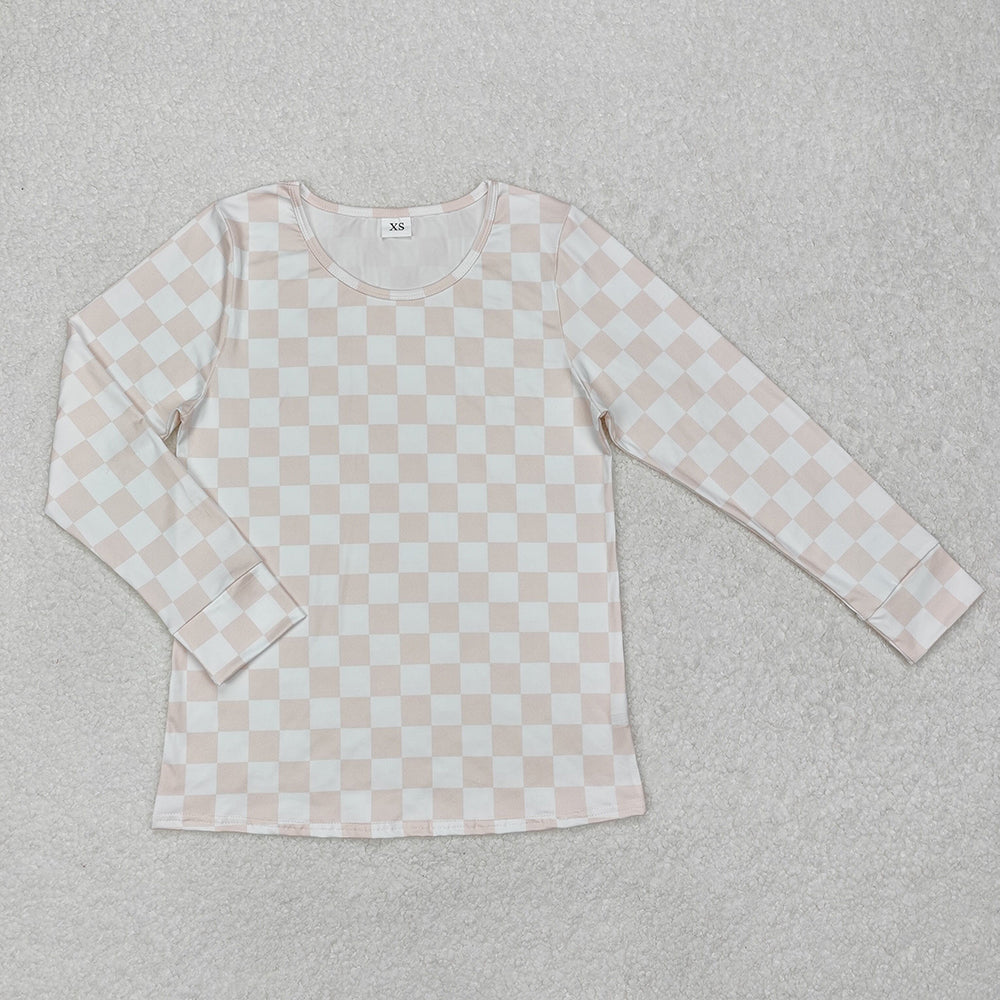 GT0906 Adult Women Pink Checked Long Sleeve Tee Shirts Top