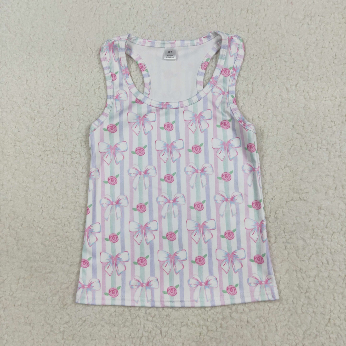 GT1014 Baby Girls Sleeveless Pink Bows Flowers Stripe Vests Shirts Top