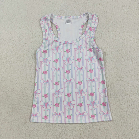 GT1014 Baby Girls Sleeveless Pink Bows Flowers Stripe Vests Shirts Top