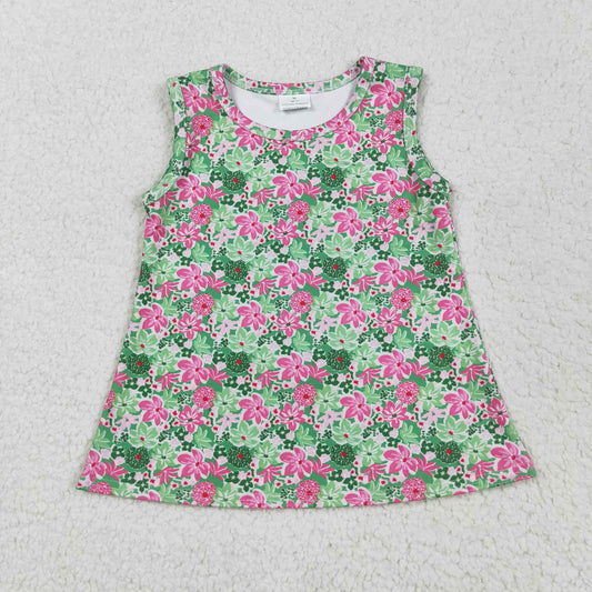 GT1015 Baby Girls Sleeveless Green Pink Flowers Vests Shirts Top
