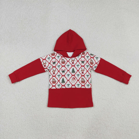 GT1042 Baby Girls Red Bows Santa Trees Checked Christmas Hoodies Top