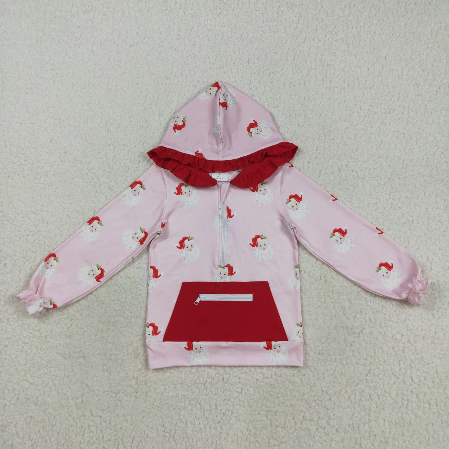 GT1047 Baby Girls Pink Santa Plaid Zipper Pocket Christmas Ruffle Hoodies Top