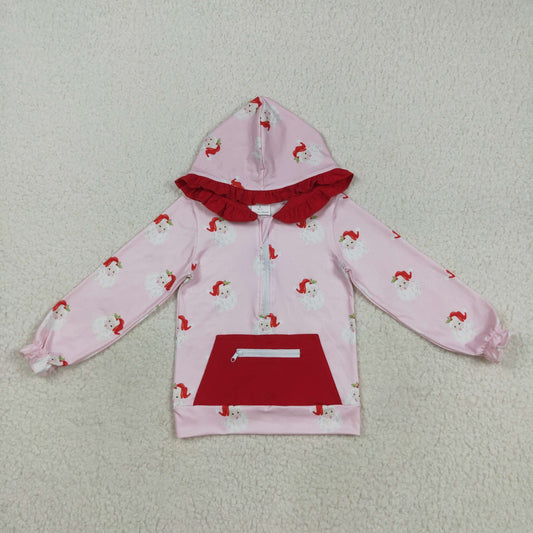 GT1047 Baby Girls Pink Santa Plaid Zipper Pocket Christmas Ruffle Hoodies Top