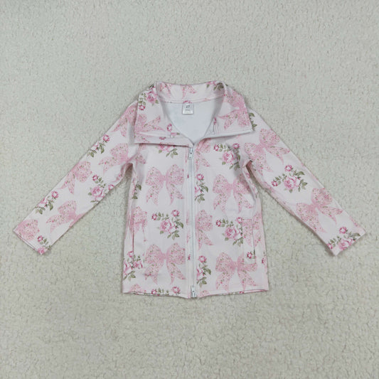 GT1075 Baby Girls Pink Flowers Bows Yoga Active Zipper Pockets Jackets Top