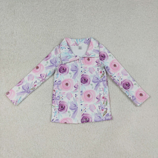 GT1083 Baby Girls Purple Pink Flowers Yoga Active Zipper Pockets Jackets Top