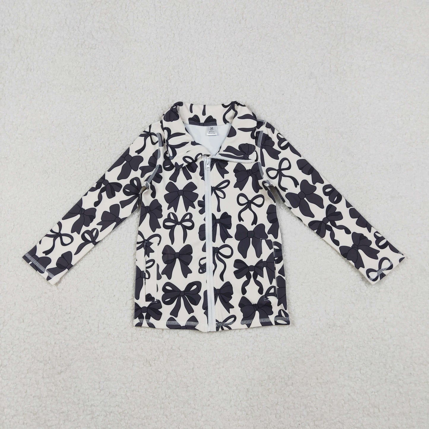 GT1084 Baby Girls Black Bows Plaid Yoga Active Zipper Pockets Jackets Top