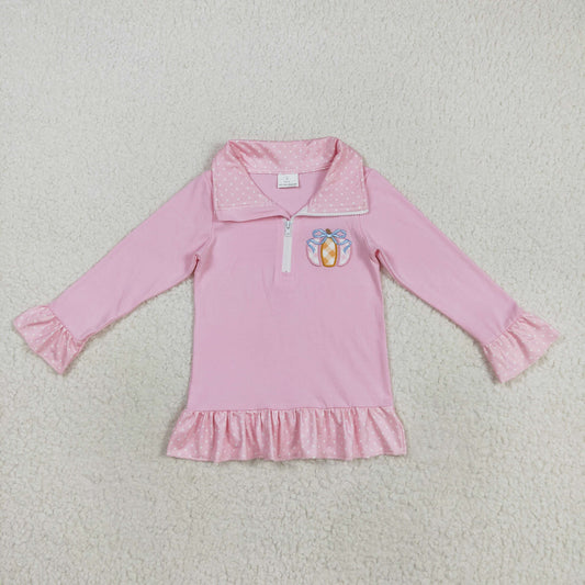 GT1112 Baby Girls Pink Long Ruffle Sleeve Embroidery Bow Pumpkins Fall Pullovers Top