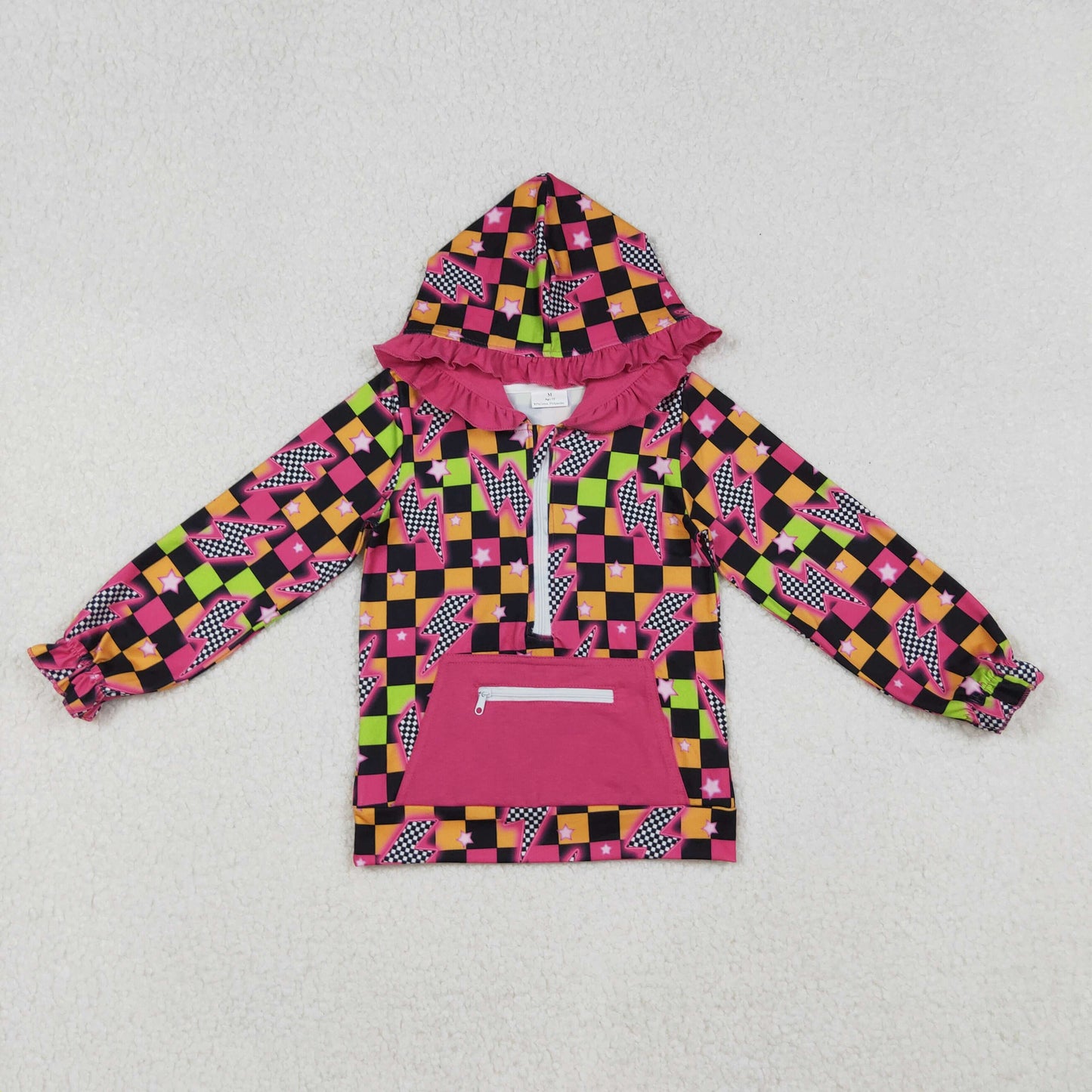 GT1117 Baby Girls Black Orange Checked Lights Stars Zipper Pocket Western Ruffle Hoodies Top