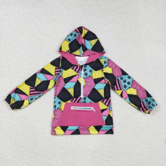 GT1137 Baby Girls Colorful Patchwork Halloween Zipper Pocket Hoodies Top