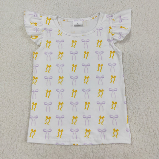 GT1147 Baby Girls Flutter Sleeve Lavender Yellow Bows Plaid Tee Shirts Top