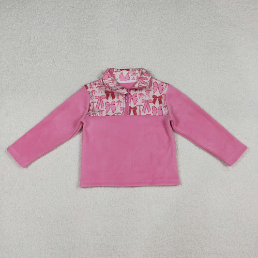 GT1149 Baby Girls Pink Bows Plaid Quatrefoil Zipper Pullover Sherpa Tops