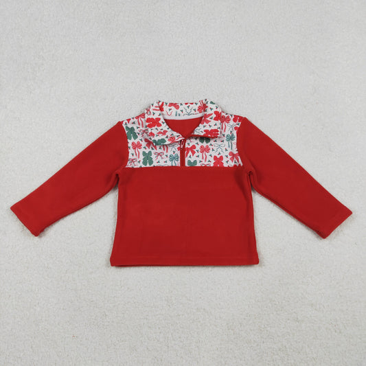 GT1150 Baby Girls Red Green Bows Quatrefoil Zipper Pullover Christmas Sherpa Tops