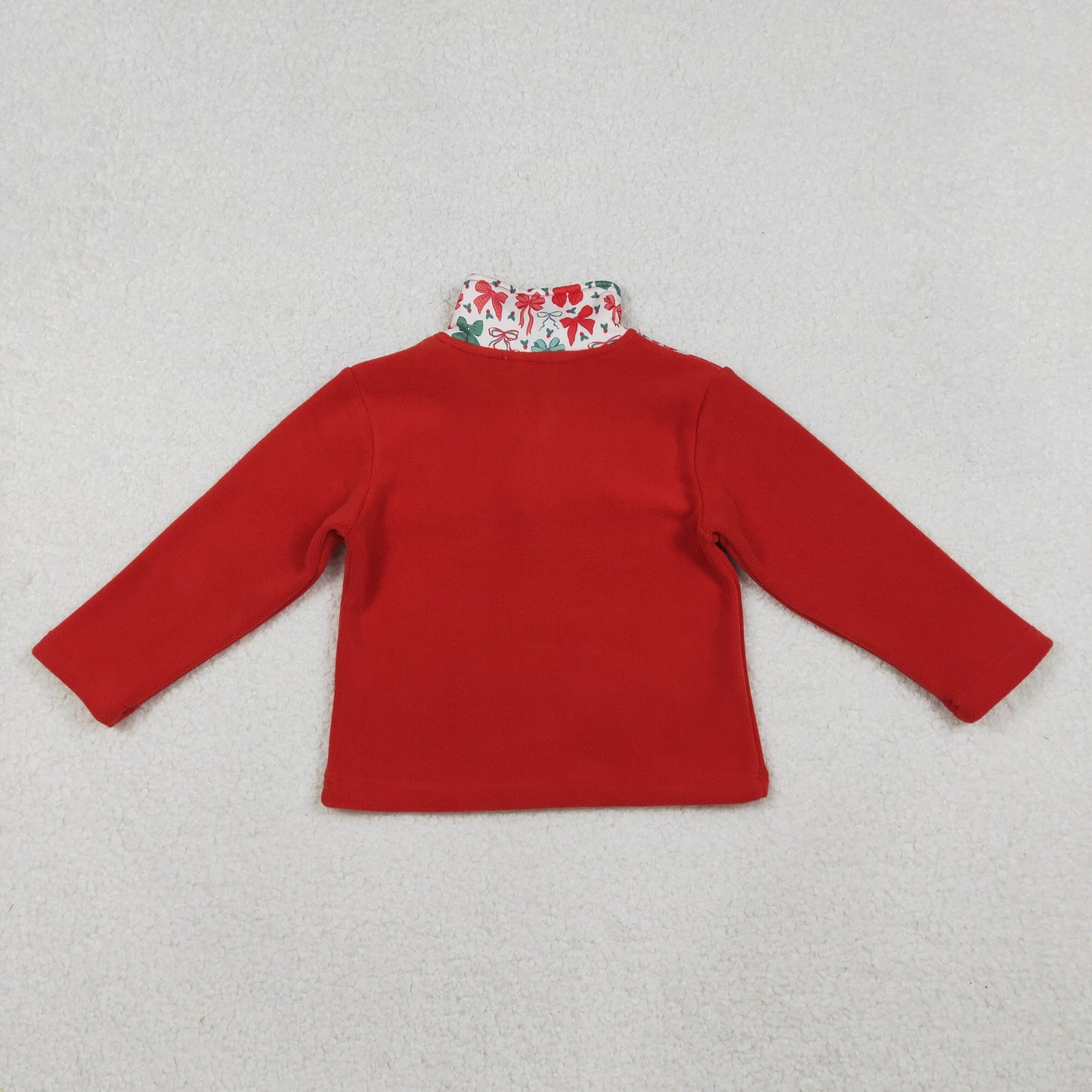 GT1150 Baby Girls Red Green Bows Quatrefoil Zipper Pullover Christmas Sherpa Tops