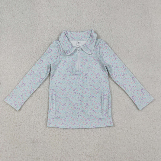 GT1182 Baby Girls Small Flowers Yoga Active Zipper Pockets Pullovers Top