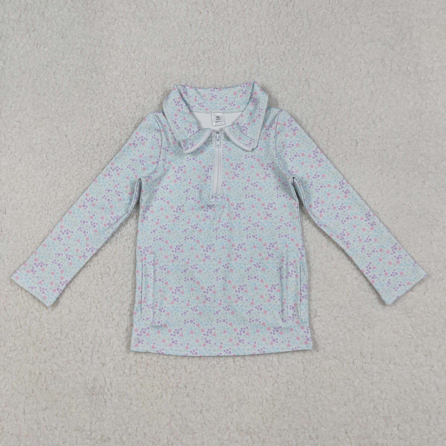 Sibling Baby Girls Pink Blue Flowers Pockets Zipper Yoga Active Pullovers Top