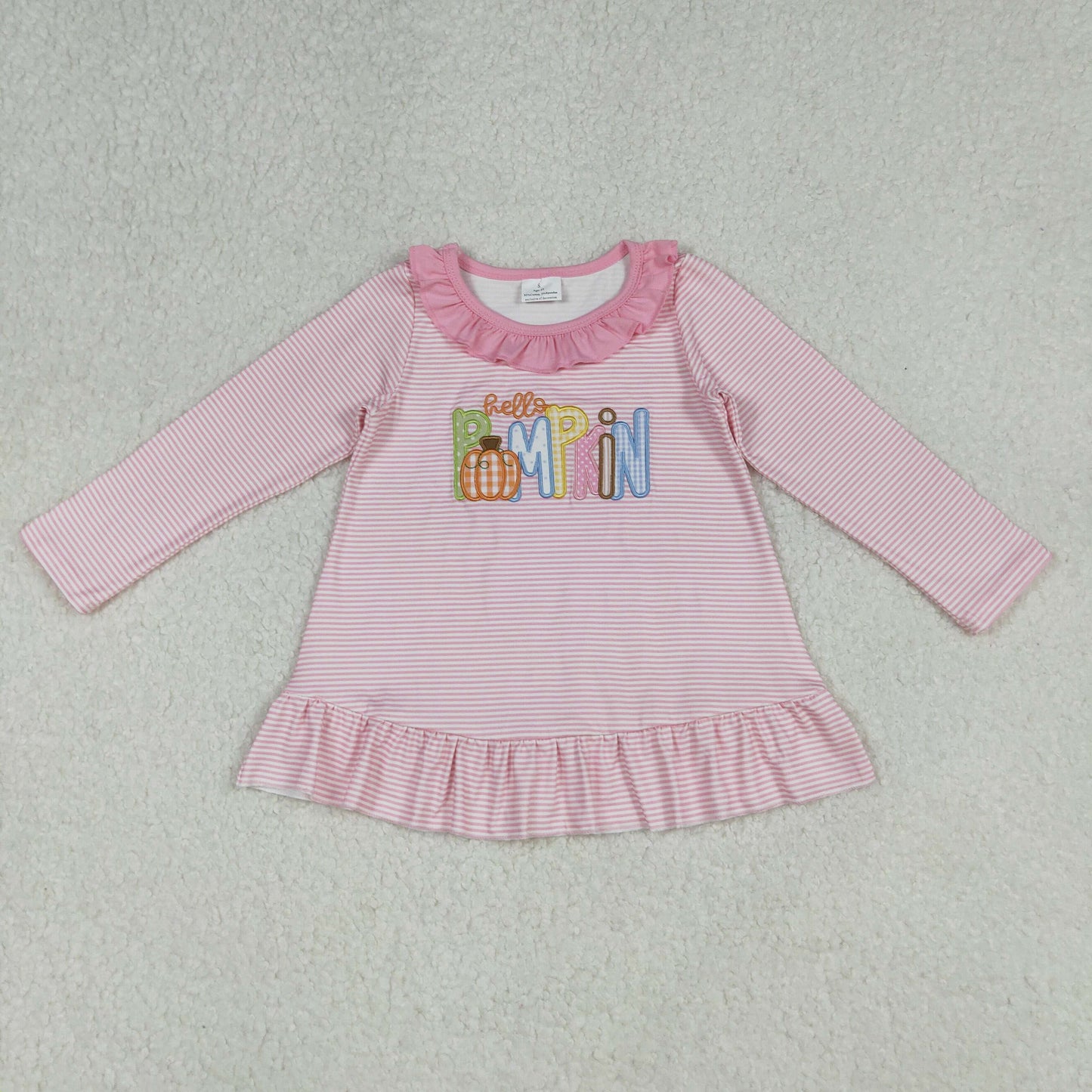 GT1183 Baby Girls Pink Stripe Long Sleeve Embroidery Pumpkins Fall Ruffle Shirts Tunic