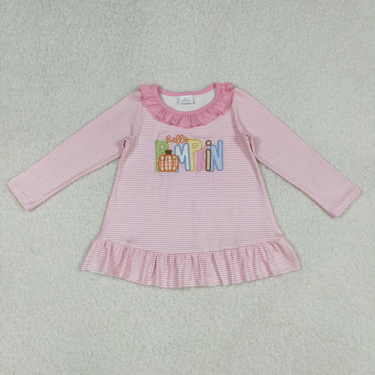 GT1183 Baby Girls Pink Stripe Long Sleeve Embroidery Pumpkins Fall Ruffle Shirts Tunic