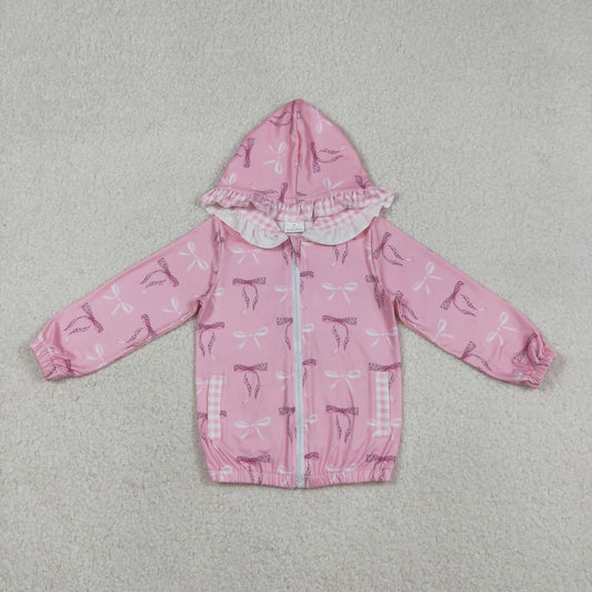 GT1217 Baby Girls Pink Bows Pockets Zipper Ruffle Hoodie Jackets Top