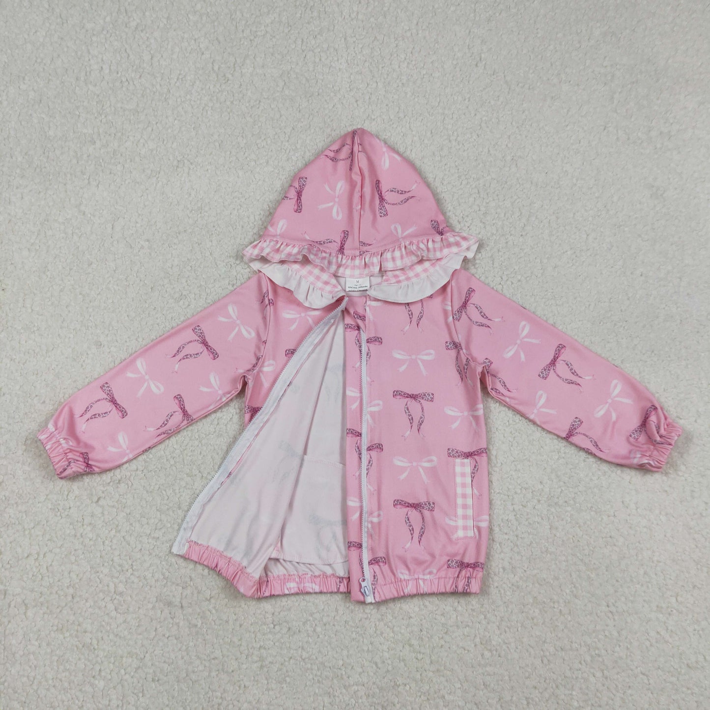 GT1217 Baby Girls Pink Bows Pockets Zipper Ruffle Hoodie Jackets Top