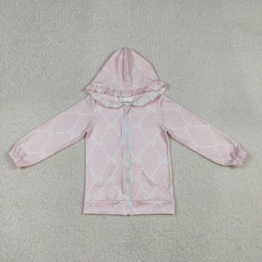 GT1246 Baby Girls Light Pink Bows Checked Pockets Zipper Ruffle Hoodie Jackets Top