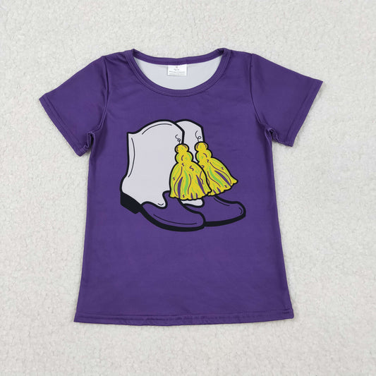 GT1254 Baby Girls Purple Short Sleeve Boots Tassel Mardigras T-shirts Top