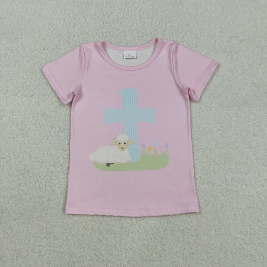 GT1294 Baby Girls Pink Short Sleeve Cross Sheep Easter Tee Shirts Top