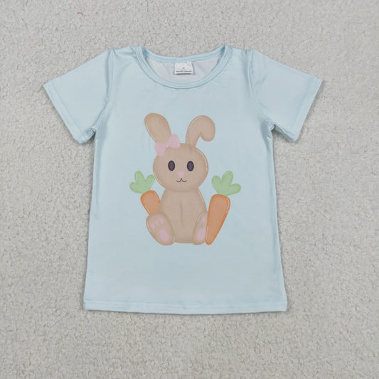GT1295 Baby Girls Blue Short Sleeve Rabbit Carrots Easter Tee Shirts Top