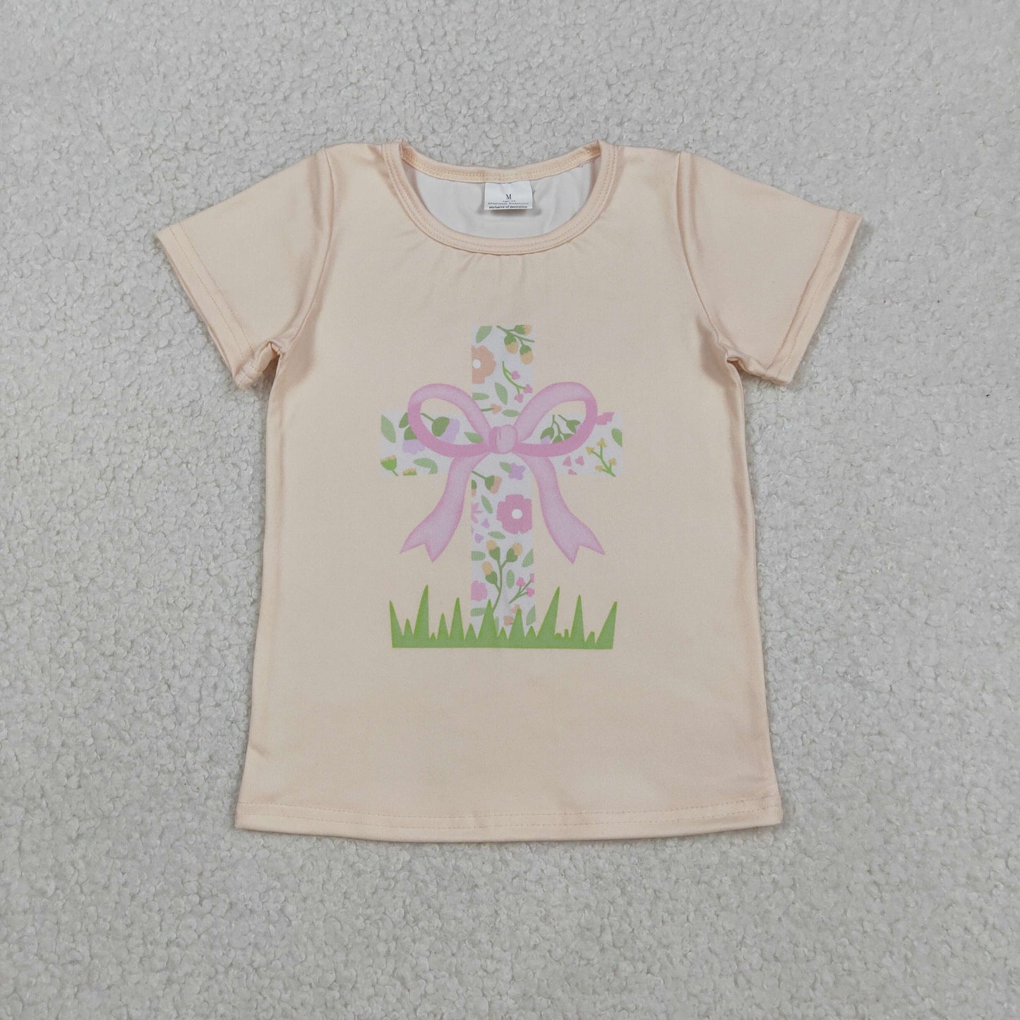 GT1297 Baby Girls Short Sleeve Bows Flowers Cross Easter Tee Shirts Top