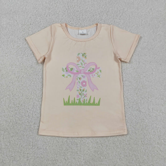 GT1297 Baby Girls Short Sleeve Bows Flowers Cross Easter Tee Shirts Top