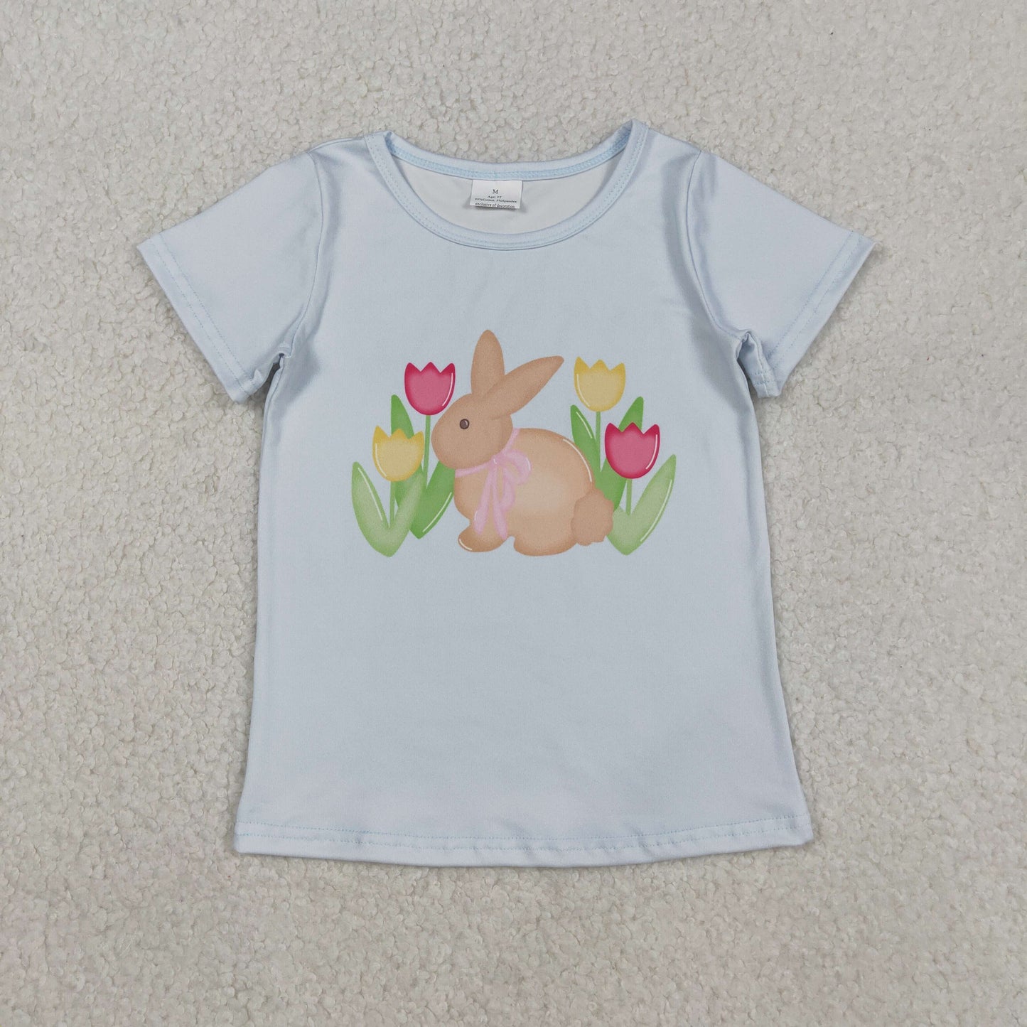 GT1298 Baby Girls Short Sleeve Flowers Rabbits Easter Tee Shirts Top