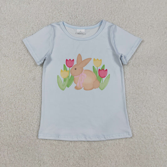 GT1298 Baby Girls Short Sleeve Flowers Rabbits Easter Tee Shirts Top