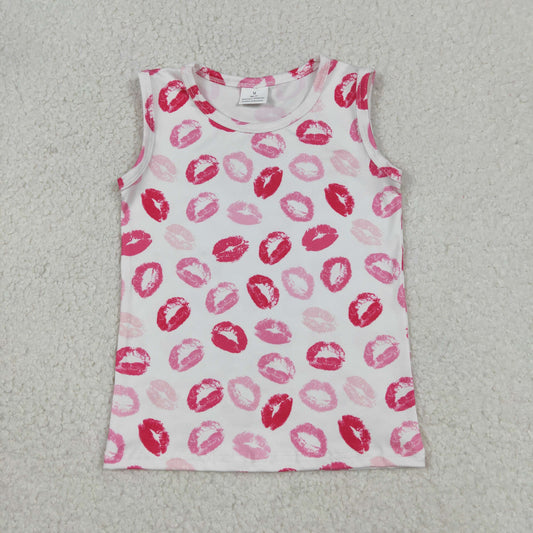 GT1419 Baby Girls Sleeveless Pink Mouths Plaid Valentnes Vest Shirts Top
