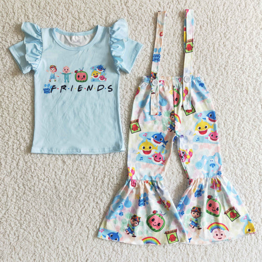 Cartoon blue T-shirt Suspender Pants sets GSPO0040