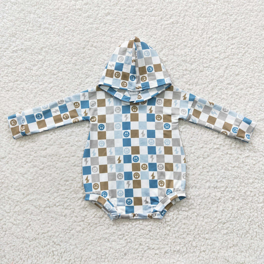 Baby blue plaid hooded long sleeve onesie LR0268