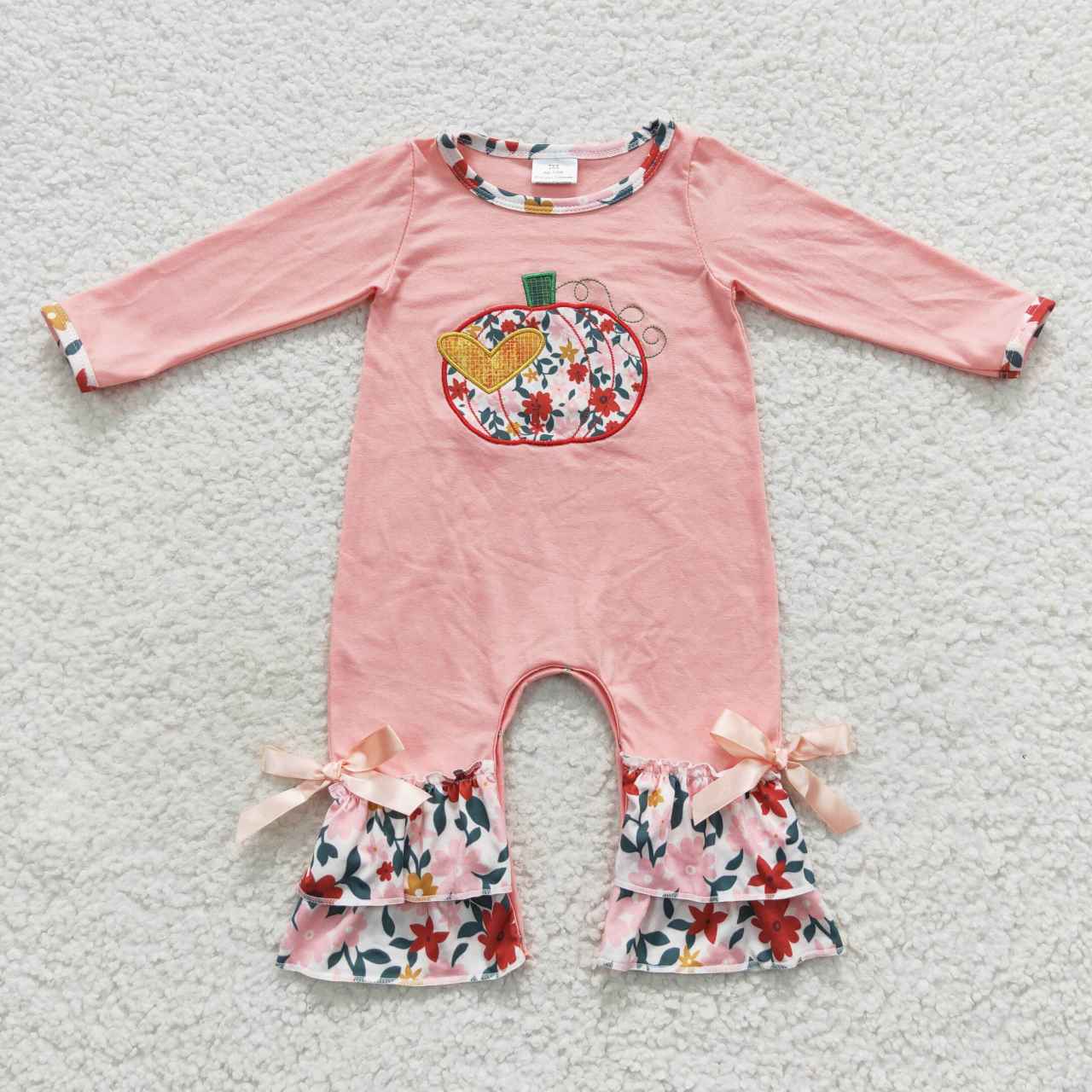 Girl pumpkin embroidery pink long sleeve romper LR0278