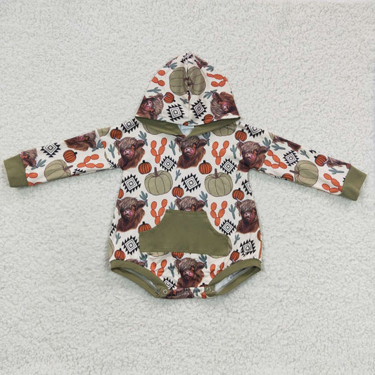 aztec highland cow green pumpkin hooded onesie LR0281