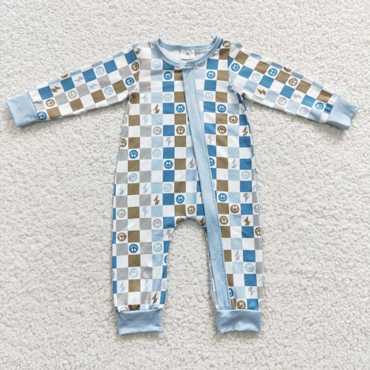 baby blue plaid zipper onesie LR0313