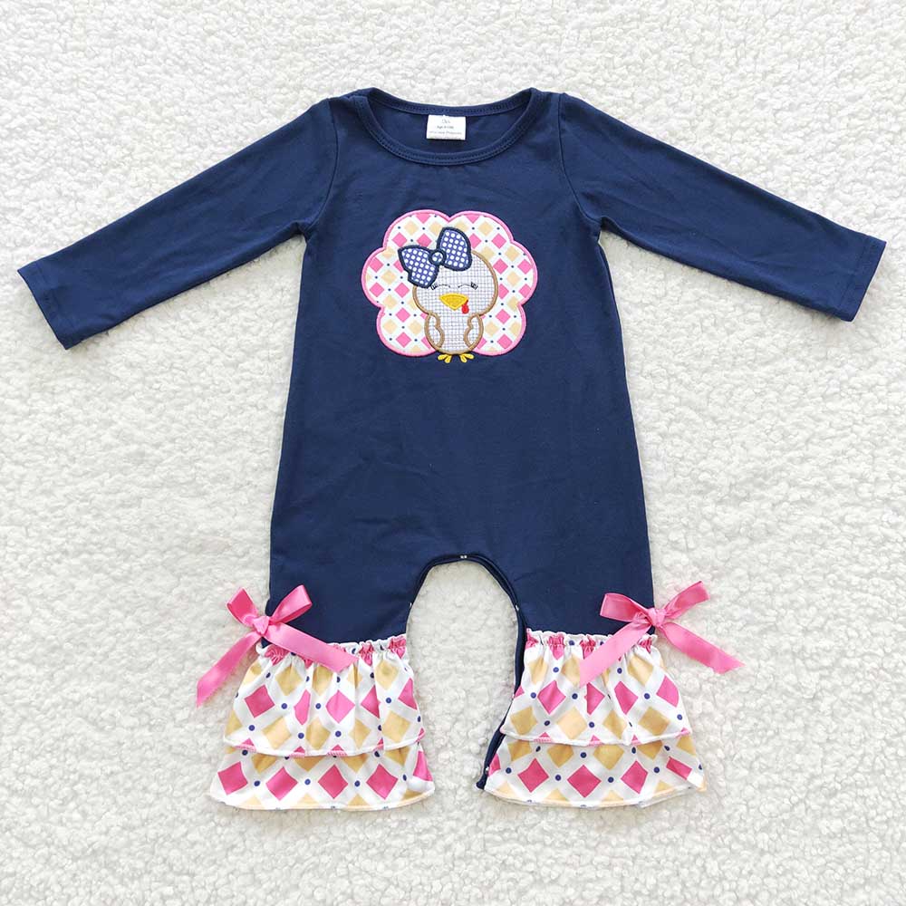 Sibling Baby Girls Embroidery Turkey Tunic Checked Pants Thanksgiving Clothes Sets Rompers