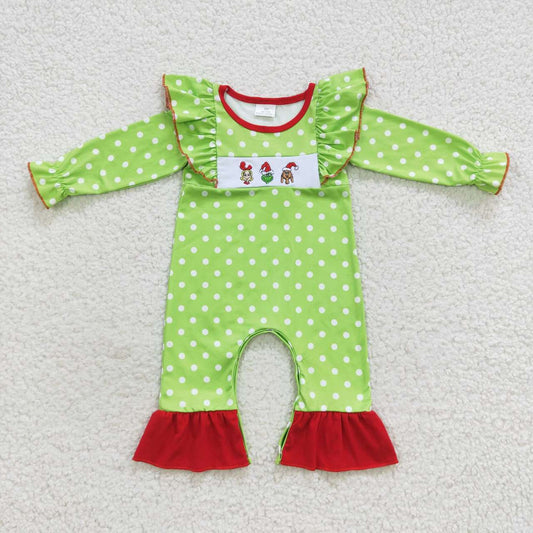 girls Christmas embroidery long sleeve green polka dot onesie LR0387