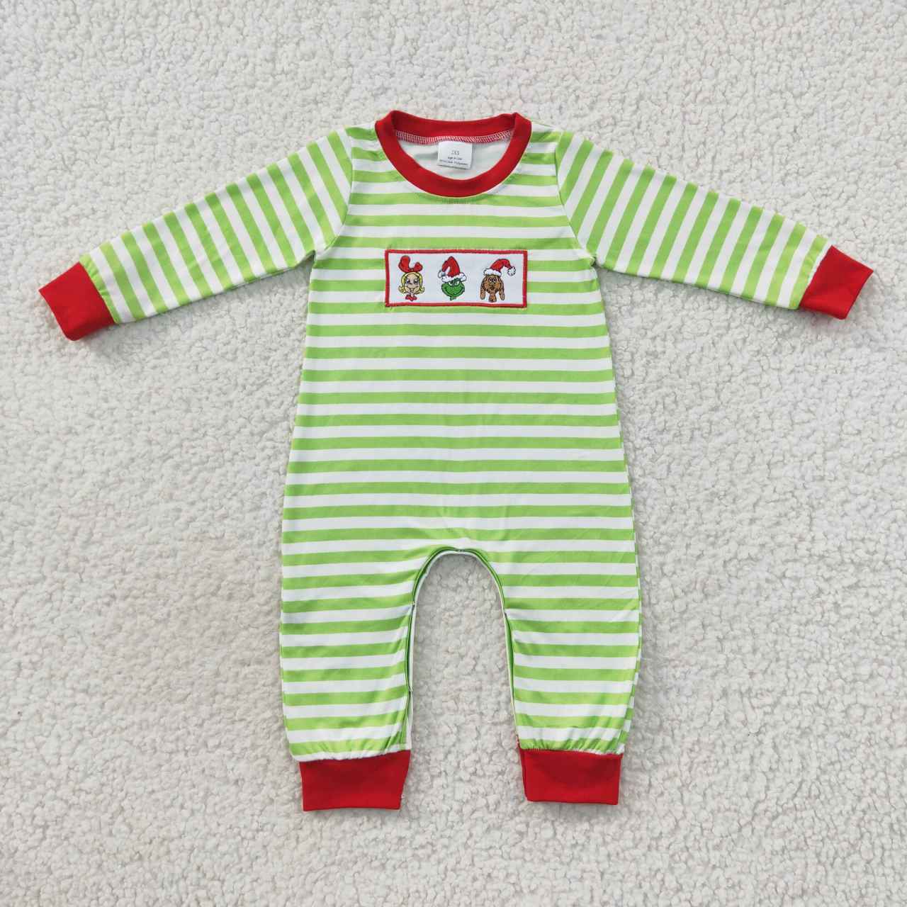 boys Christmas embroidery long sleeve green striped onesie LR0388