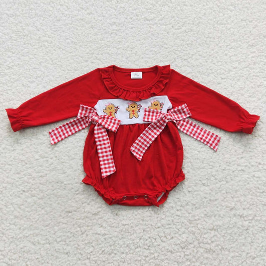 girls Christmas Ginger  Embroidery red long sleeve onesie LR0393