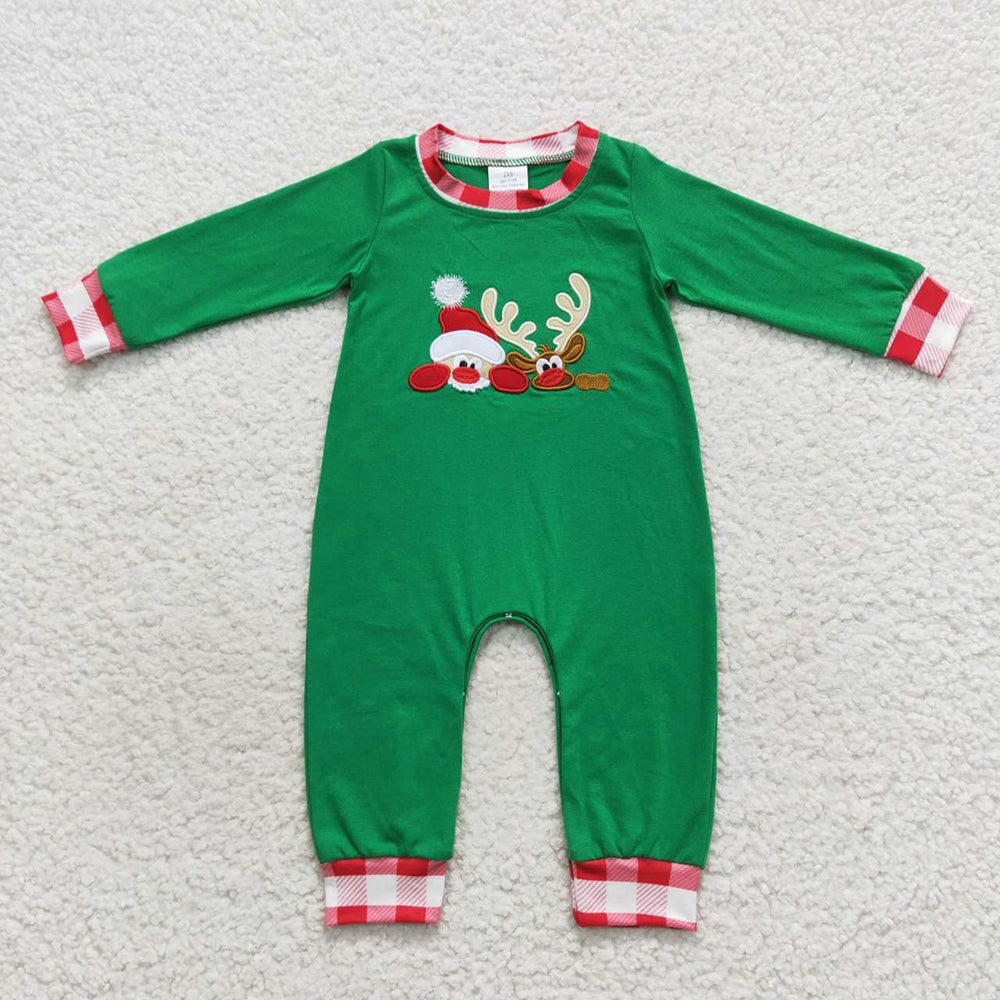 Sibling Baby Kids Embroidery Santa Deer Green Sleeves Christmas Clothes Sets Footie Rompers