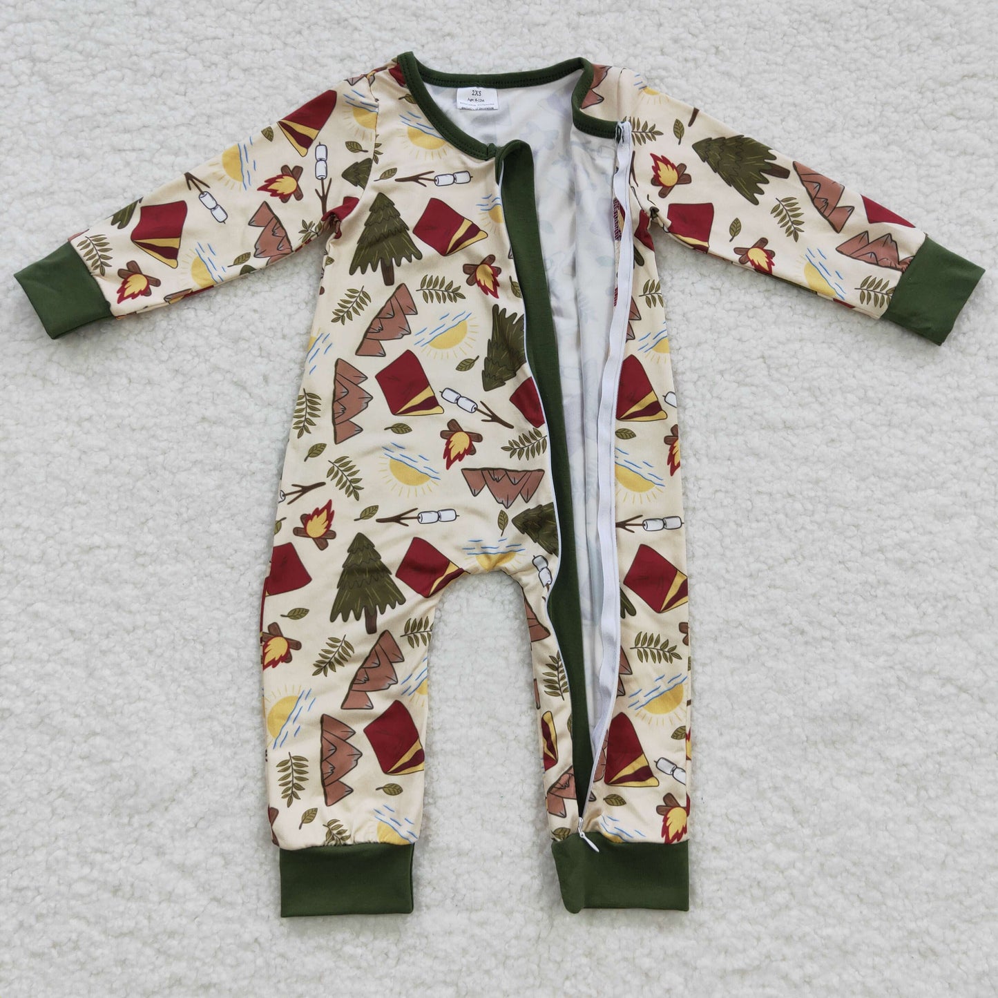 baby camping print green zipper lpng sleeve ropmer LR0398