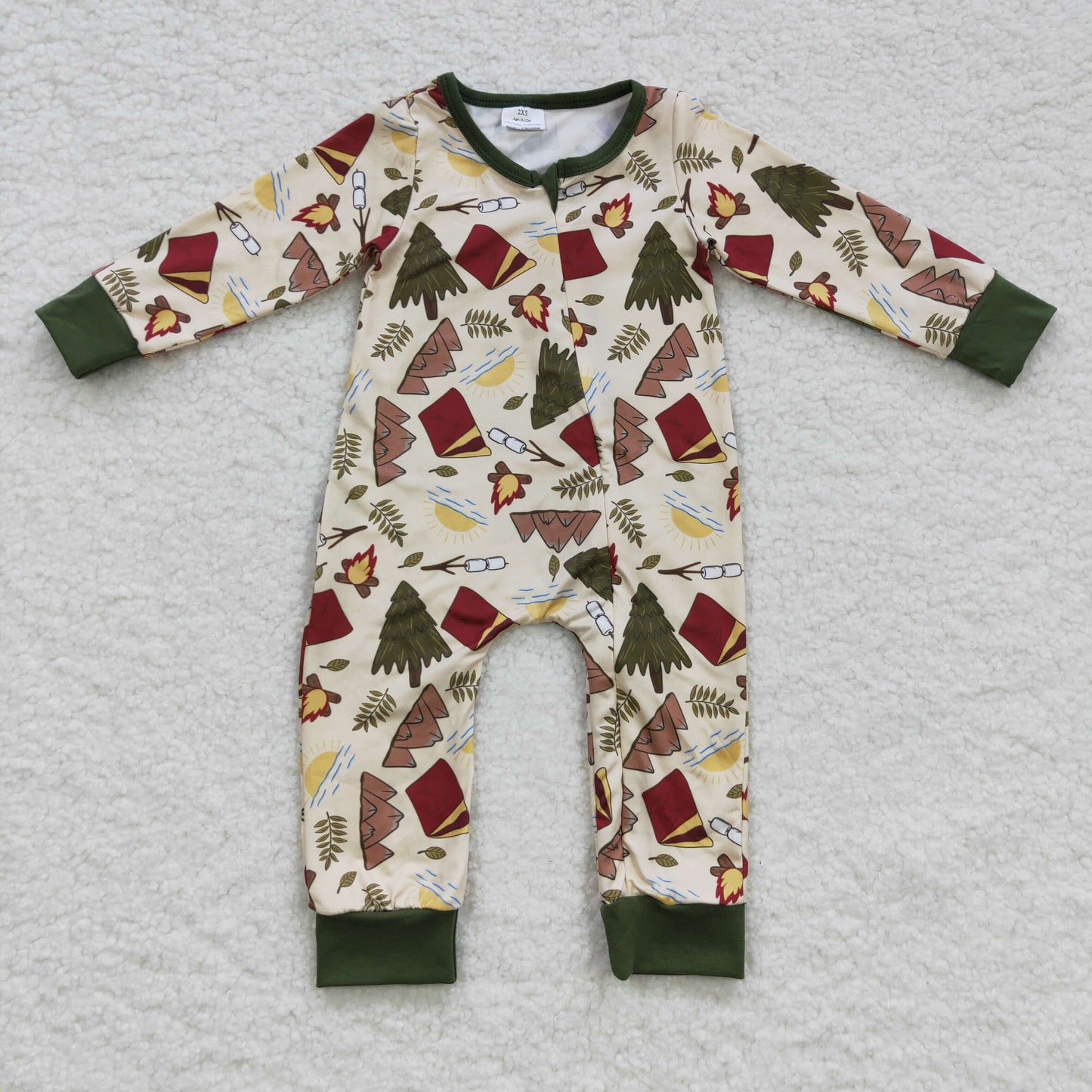 baby camping print green zipper lpng sleeve ropmer LR0398